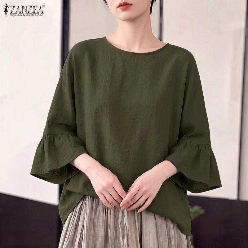 ZANZEA Women Casual Round Neck Solid Color Loose 3/4 Sleeve Cover Up Blouse