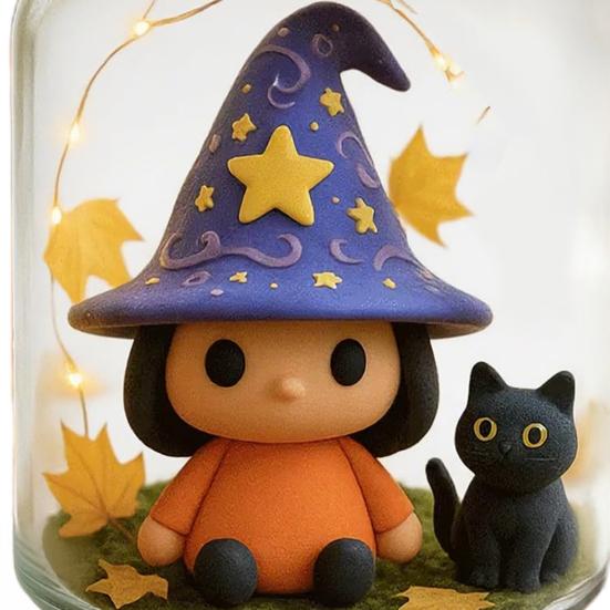 Adopt A Witch Hat Jar Halloween Witch Hat Doll with Black Cat in Jar Cute Light-up Decorative Jar for DIY Craft Gifts Party Favors