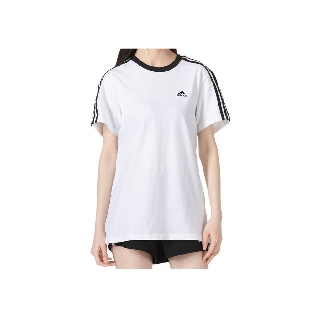 Adidas Logo Print Striped Crew Neck Pullover Short Sleeve T-Shirt Women Tops White H10201