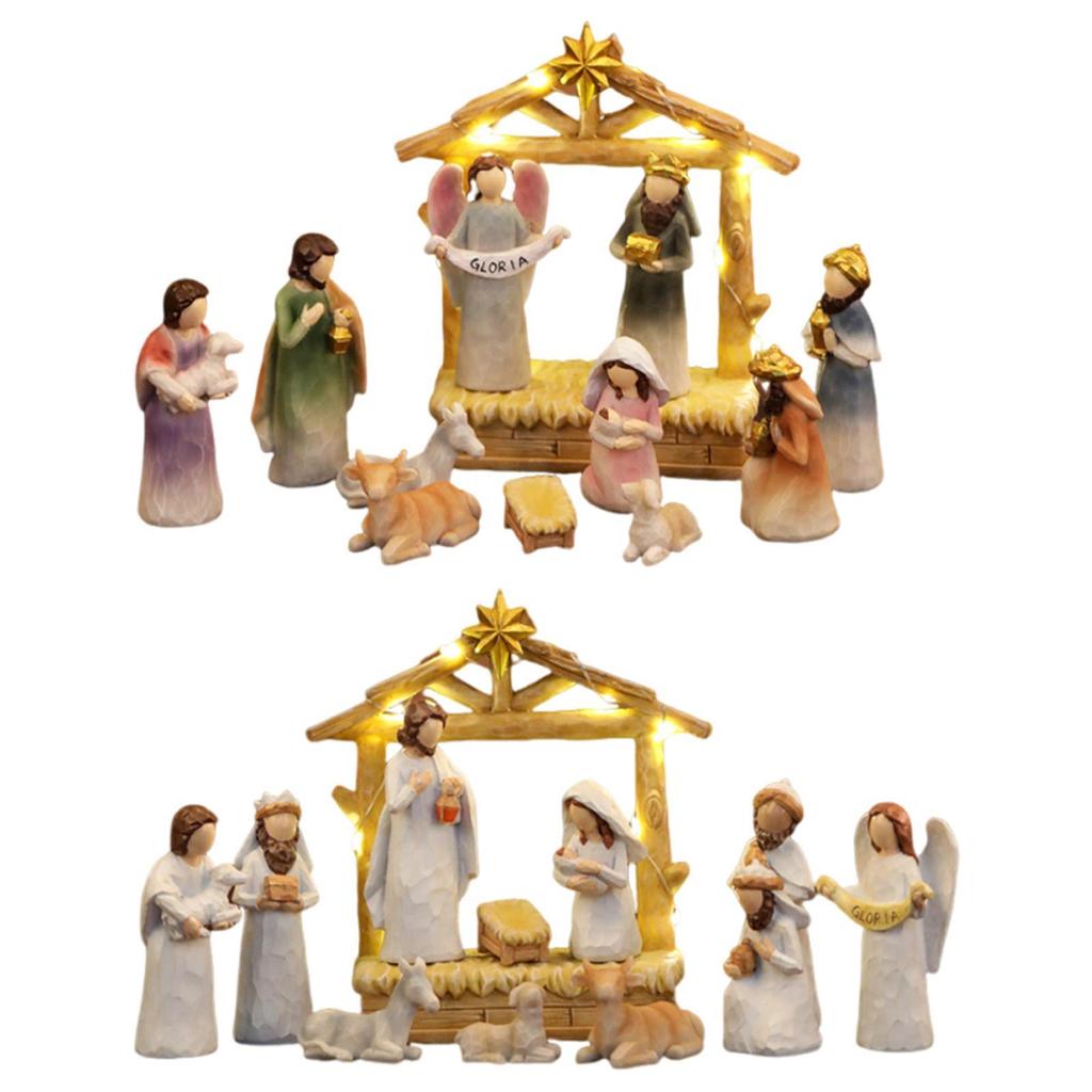 Lighted Up Resin Holy Family Statue Christmas Festival Decor Miniature Centerpiece for Living Room Table Decoration