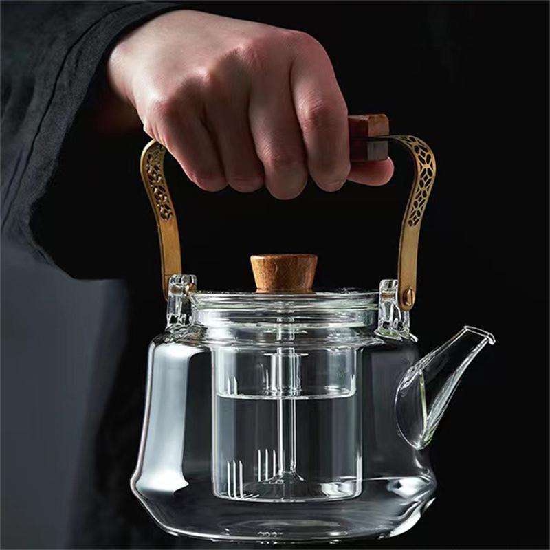 Japanese Heat Resistant Glass Tea Pot with Tea Infuser Copper Wood Handle Kungfu Tea Kettle Brewing Puer Teapot Teaware