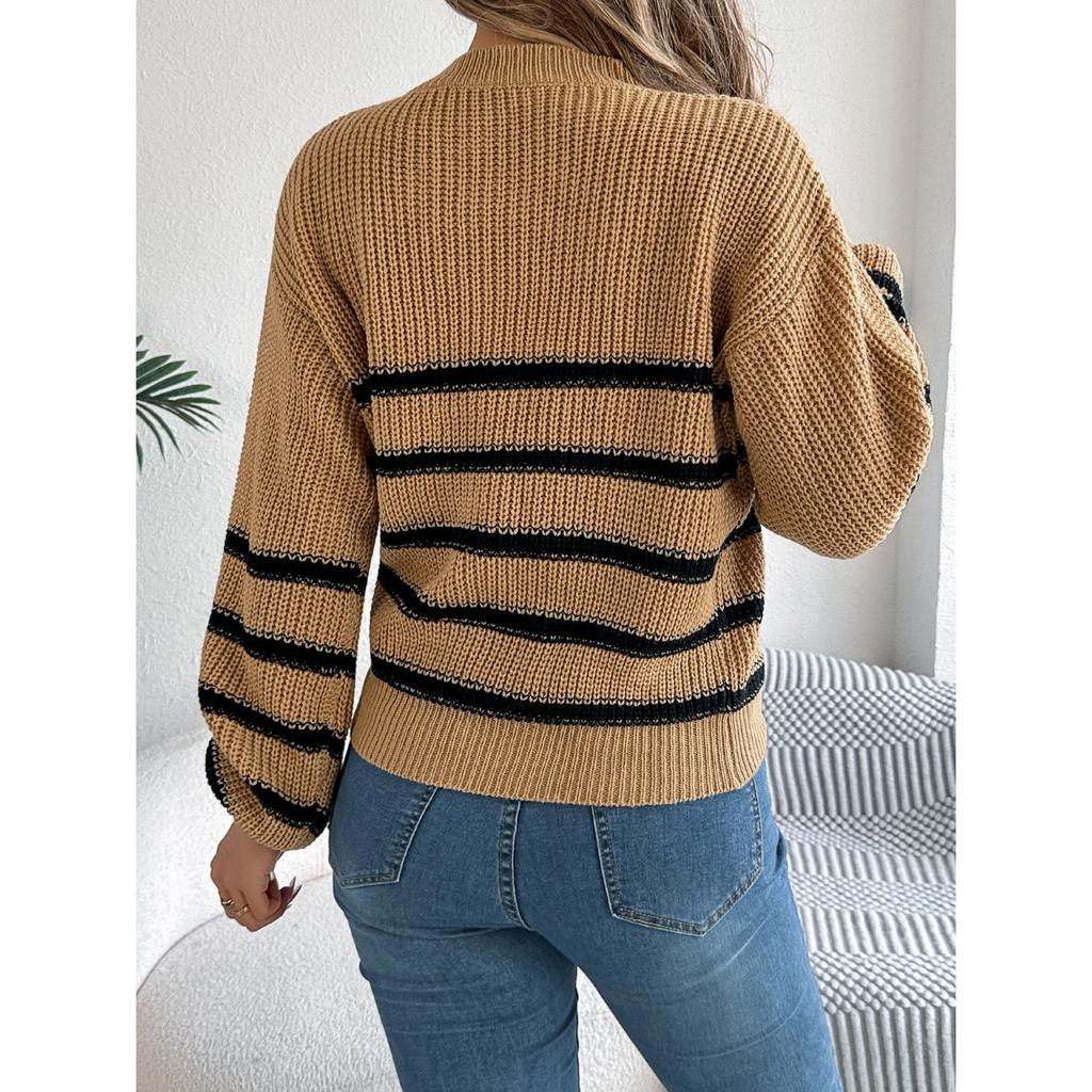 GMXIA Autumn and Winter Casual Color-blocking Striped Pocket Lantern Sleeve Pullover Sweater Women's Wear