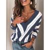 Autumn Winter Striped Patchwork Loose Casual Sweater Women V-neck Vintage All-match Pullover Knitting Top