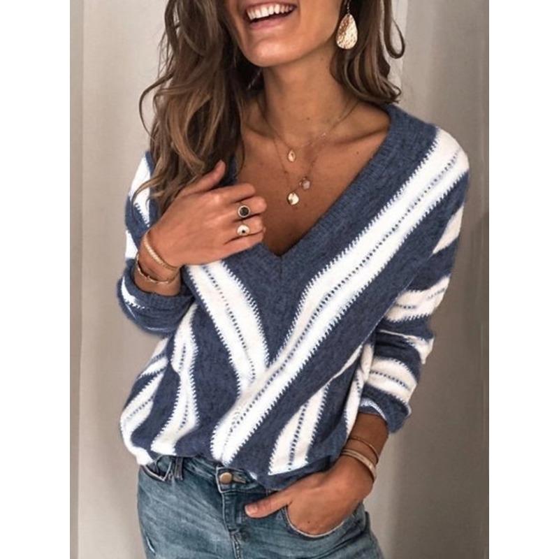 Autumn Winter Striped Patchwork Loose Casual Sweater Women V-neck Vintage All-match Pullover Knitting Top