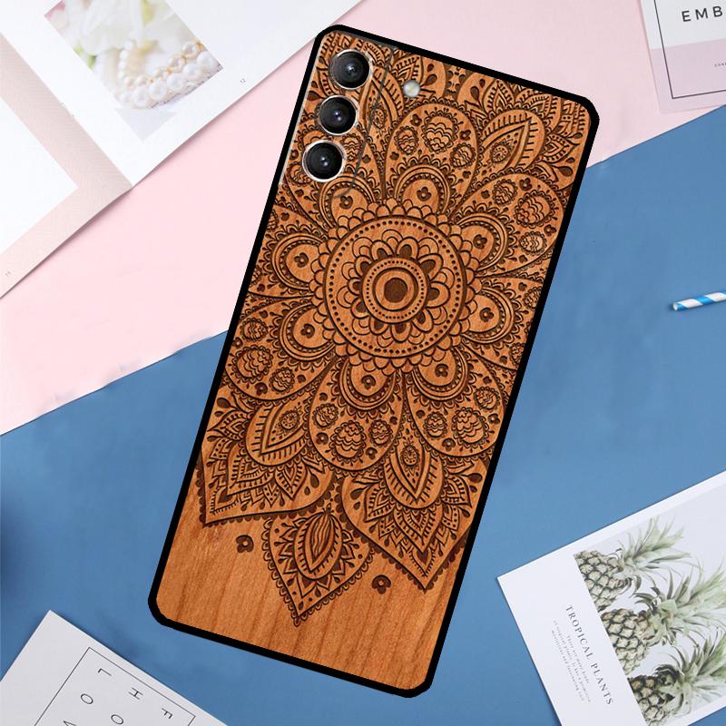 Mandala Floral Wood Case For Samsung Galaxy S25 Ultra S24 S23 S22 S21 Ultra S9 S10 Plus S23 FE S25 FE Back Cover