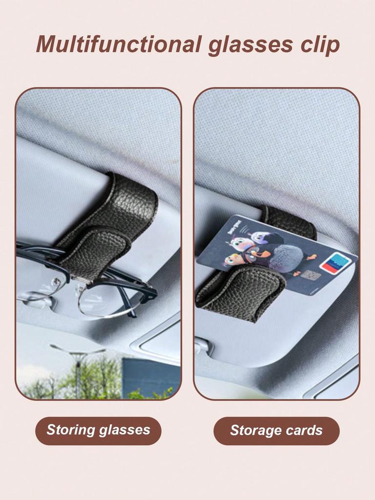 Car Sun Visor Glasses Clip, Magnetic Leather, One-Hand Operation, No-Damage Install, Fits All Vehicles, Eyeglass & Card Holder