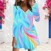 Women Plus Size V Neck Long Sleeve Printed Light Blue A Line Dress