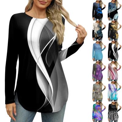 Womens Long Sleeve Round Neck Shirts Side Split Basic Loose Tunic Tops Floral Print  Casual Shirts