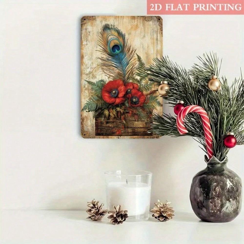 Vintage Metal Wall Art Peacock Poppy Sign 20x30cm Home Decor