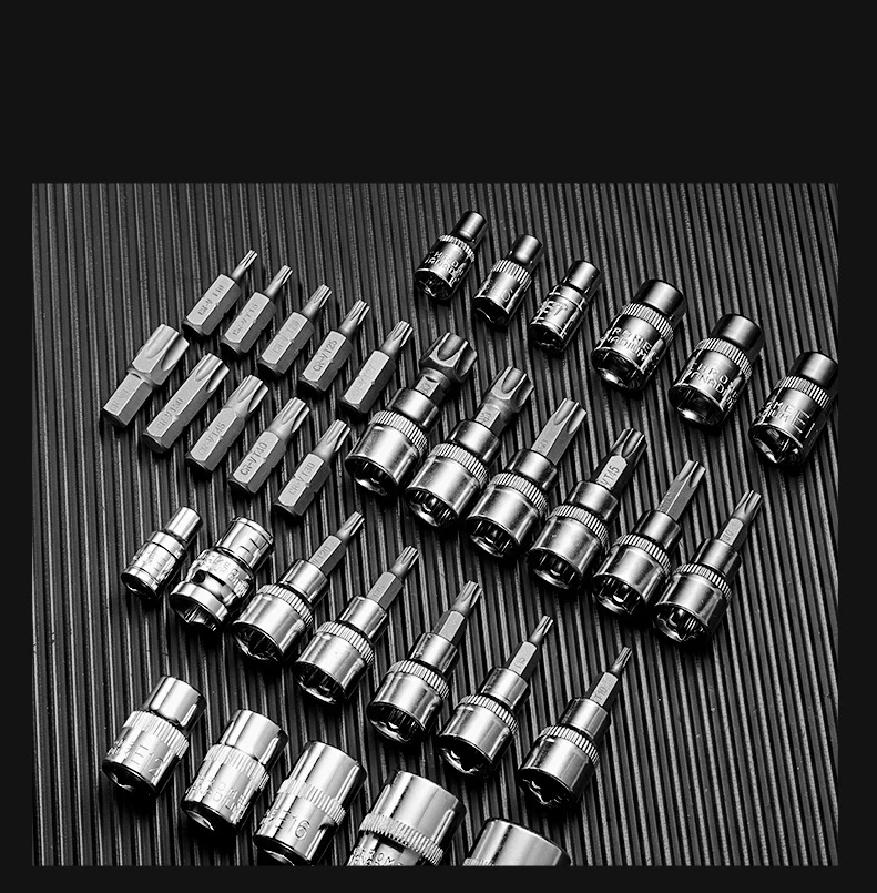 Professional 34pcs Torx Bit Socket & E-Torx Star Socket Set 1/4" 3/8" 1/2" Drive Male Female E-torx Bits Handheld Tool with Case