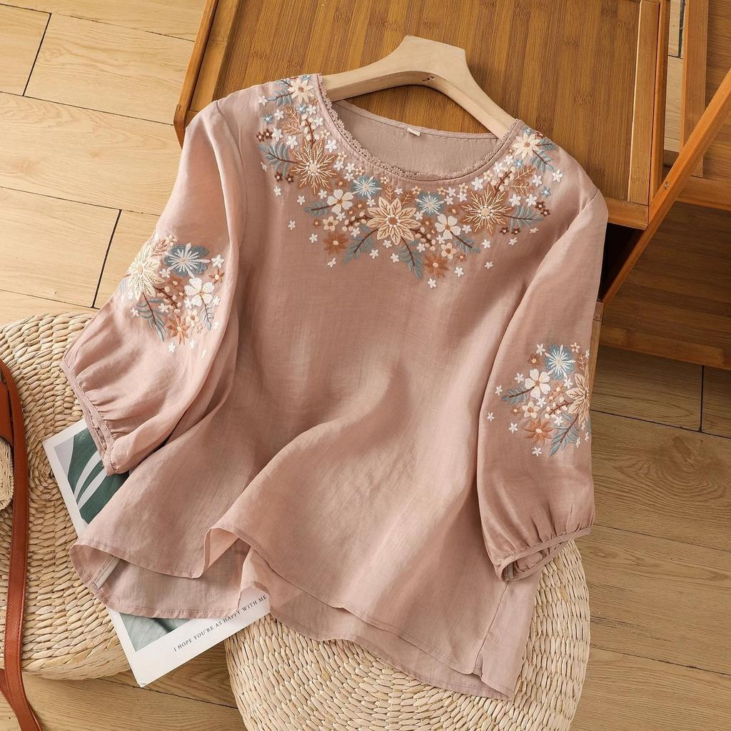 Women's Cotton Shirt Summer Top Season Casual Loose Embroidered Loose Shirt