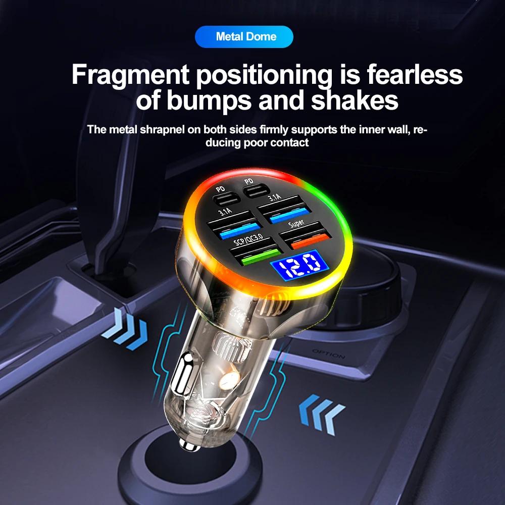 250W 6-in-1 Digital Display Car Charger QC3.0 USB Type C PD Fast Charging for iPhone Xiaomi Samsung Phone Charger Adapter In Car