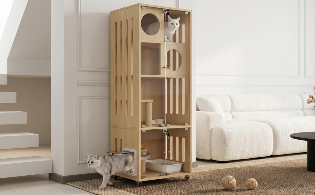 Cat Villa, Cat Enclosure, Cat Furniture, Large Chinchilla Cage, Glass Cat House with Wheels, with Key, with Cat Flap, Natural Wood Color, 60x50x156cm