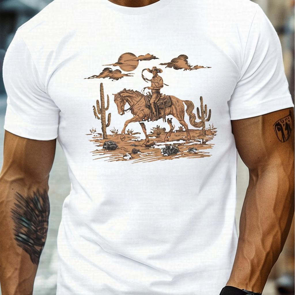 Cowboy Horse Riding Graphic Tee Mens Cotton Desert Scene Print Crew Neck Casual Short Sleeve TShirt