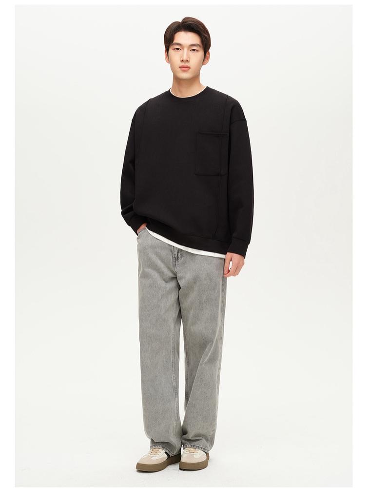 Men's Black Fleece-Lined Faux Two-Piece Round Neck Hoodie - 2025 Autumn/Winter Loose Pullover Top