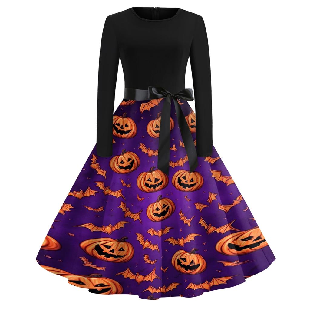 Vintage Dress for Women Retro Halloween Dress with Pumpkin Skull Print Long Sleeve Western Dress for Women Boho Maxi Dress
