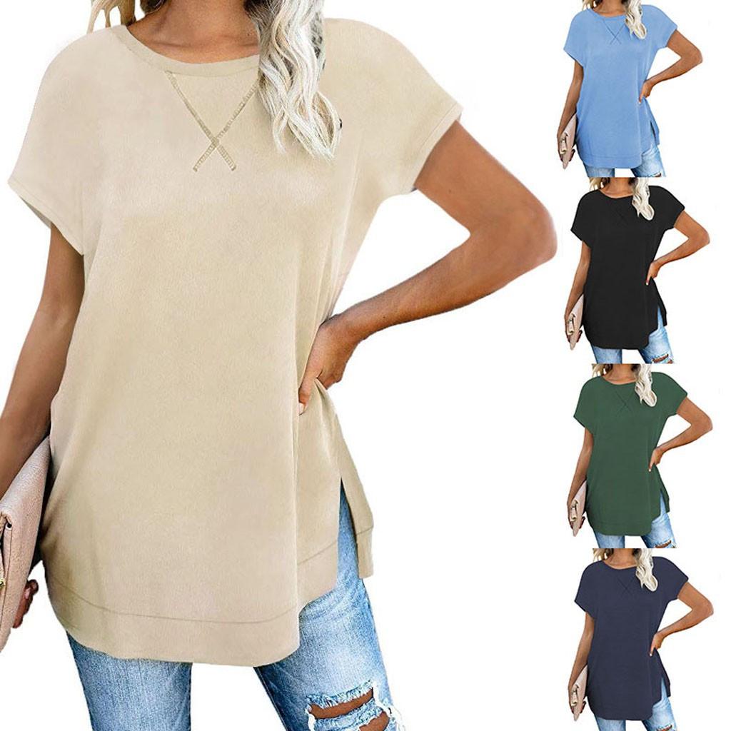

Экипаж женщин короткие рукава Туник Топы Side Сплит равнине Loose Blouses Вершины