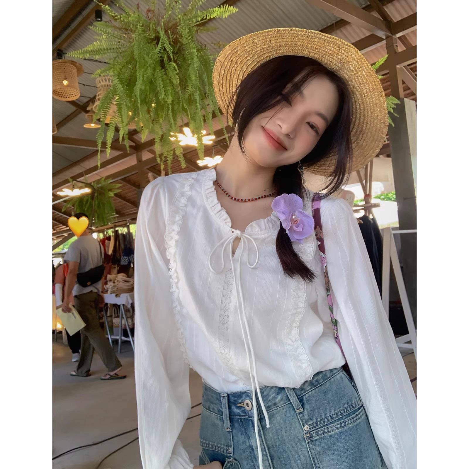 French lace collar lace-up white shirt women s spring and summer new high-end gentle wind temperament chic long-sleeved top S