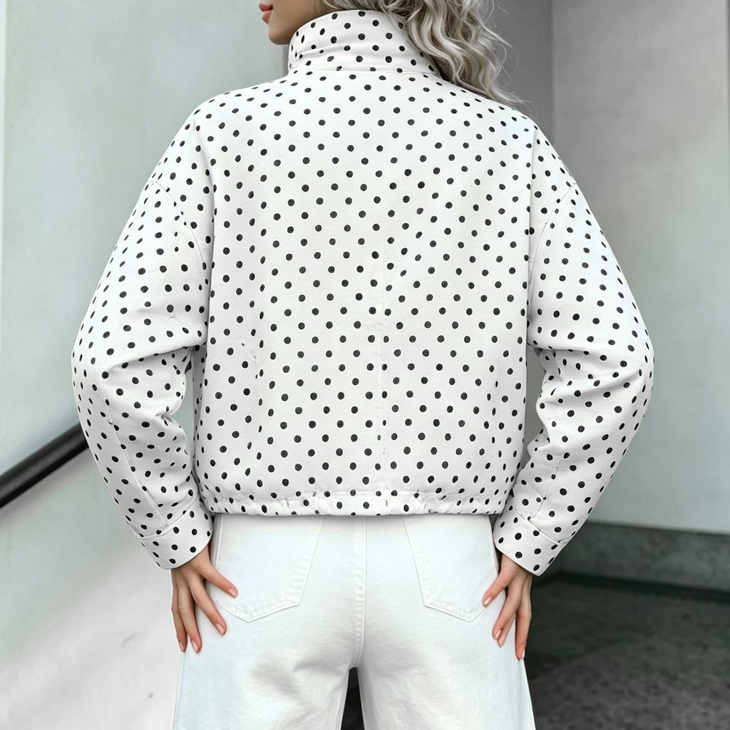 Damen Polka Dot Langarm Locker Geschnittene Jacke mit Taschen Freizeit Oberbekleidung