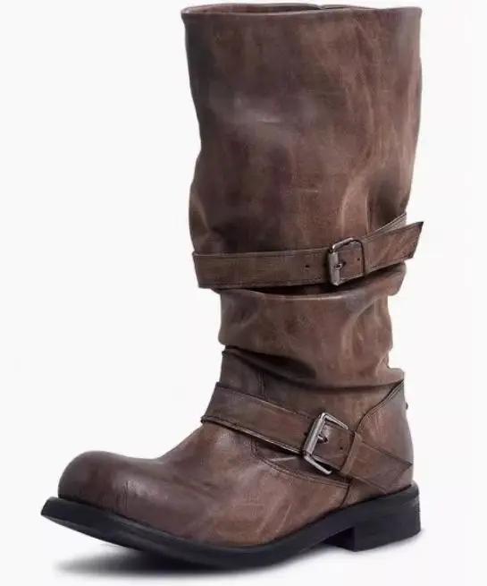 Vintage Platform Buckle Stylish Motorcycle Women Square Toe Chunky High Heel Mid-Calf Shoes Retro Biker Boots