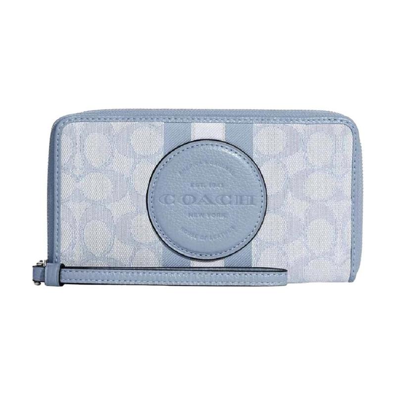 COACH wallet Dempsey 18 signature jacquard with exquisite pebbled leather Chamblay mobile phone bag card holder small size women s silver/marble blue синий