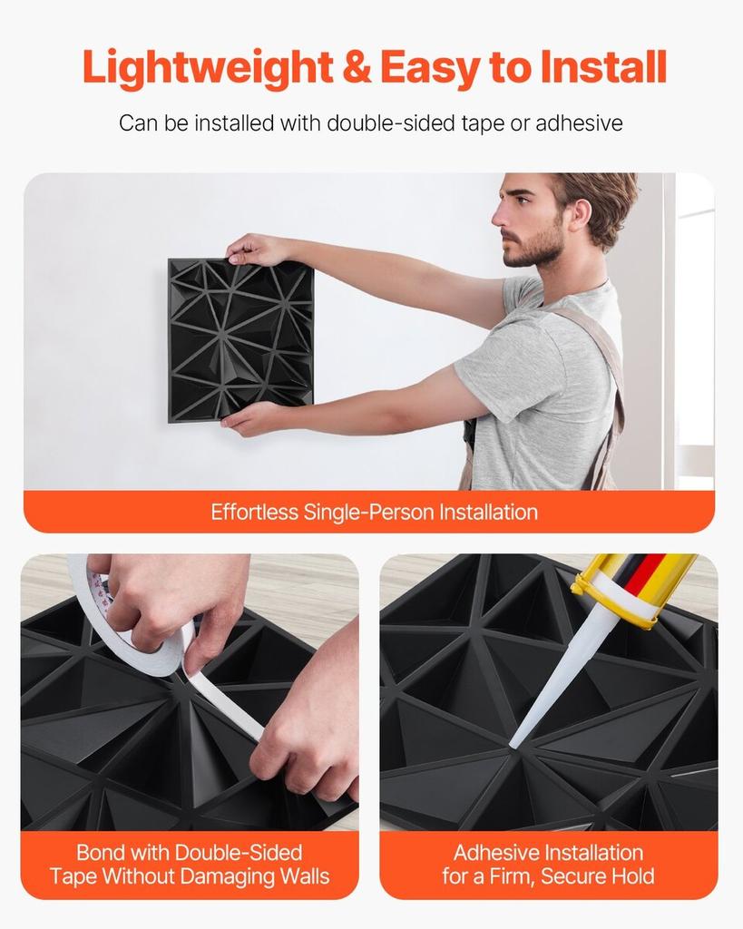3D Wall Panels 33-Pack 11.81x11.81'' PVC 32 Sq.Ft Coverage Diamond Black