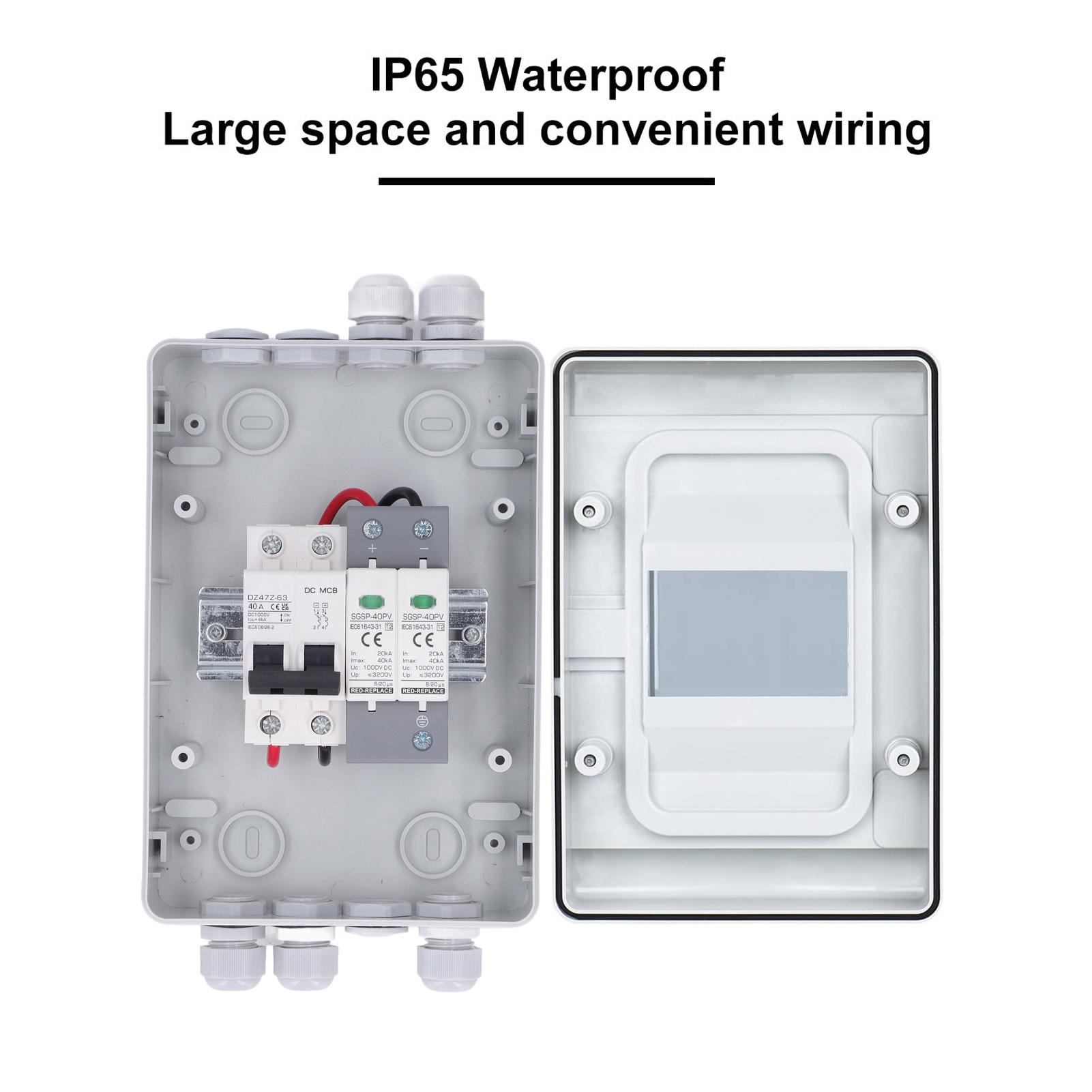 

PV Combiner Box IP65 Waterproof Lightning Protection Photovoltaic Solar Disconnect Switch with 40A Circuit Breaker 1000V