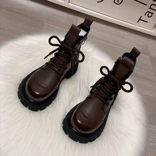 Short Boots for Women with British Style Autumn and Winter New Style Thick Soled and Slimming with Plush Short Boots