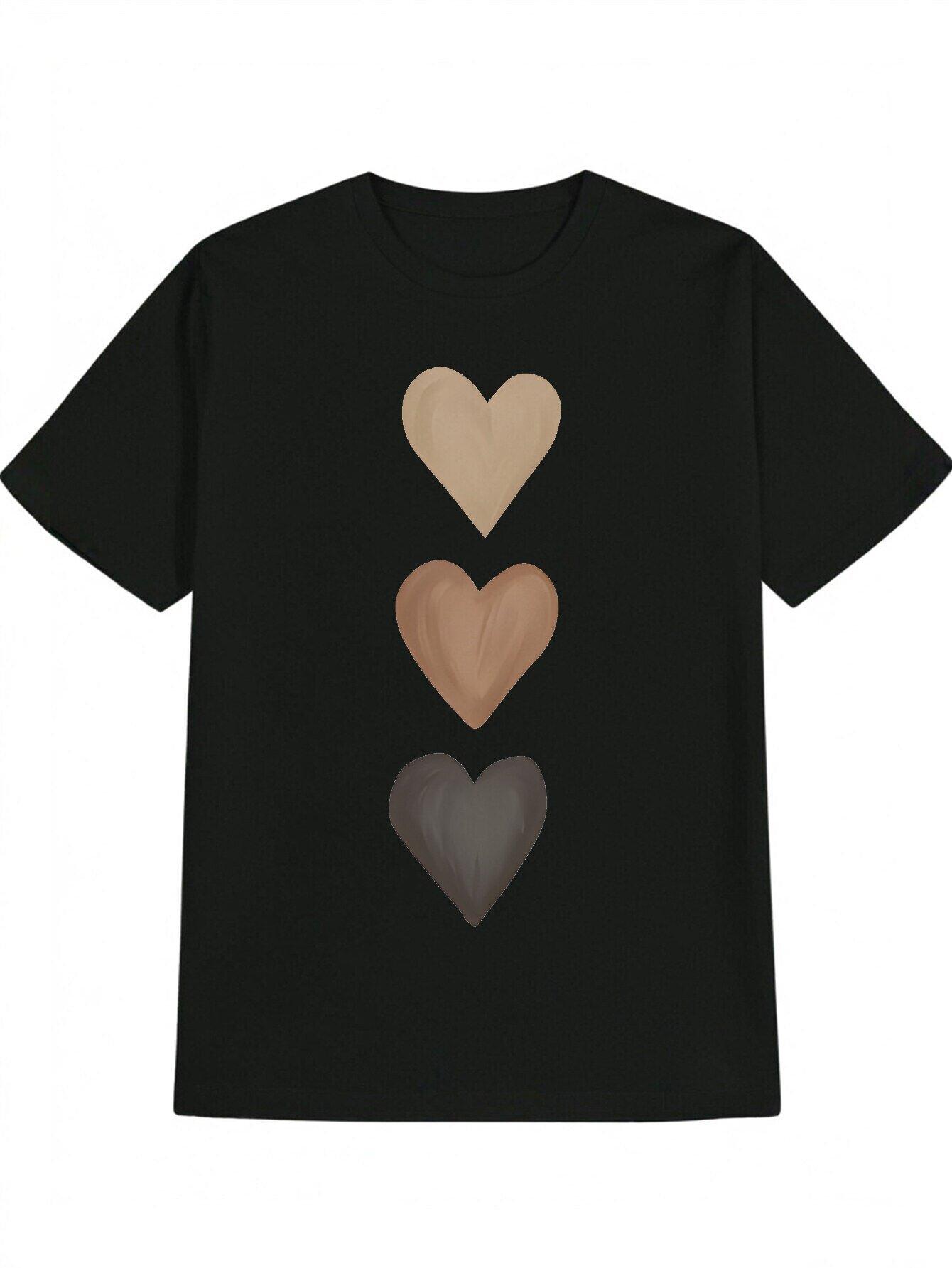 

Casual Short Sleeve T-shirt with Three-Tone Beige to Dark Brown Ombre Heart Print - Black Round Neck Summer Top XL