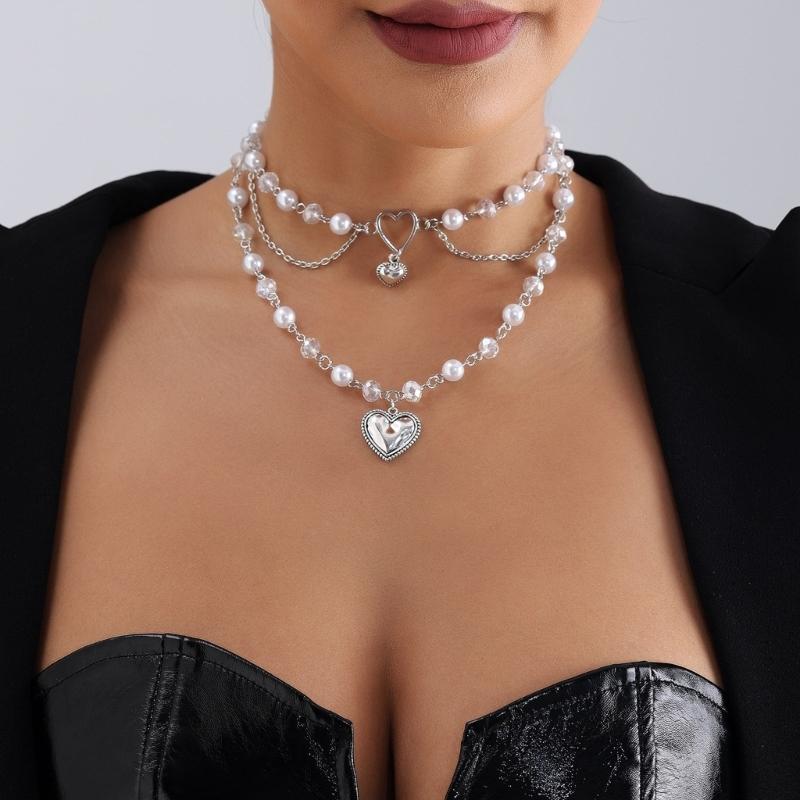 Elegant Imitation Pearls Necklace Love Heart Pendant Clavicle Chain Multilayer Collarbone Chains Jewelry for Women Girls