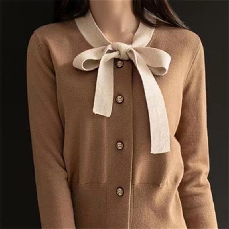 

Осенне-зимний свитер в стиле ретро, нежный, женский, с круглым вырезом, с бантом, с длинным рукавом, мягкий, ворсистый, вязаный кардиган женский верблюд