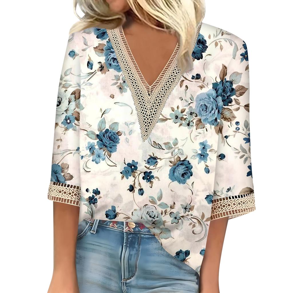 Women's Shirt Blouse Casual Loose Shirts 3/4 Sleeve Lace Trims Print V Neck Tops Print Tops T-shirts Tee