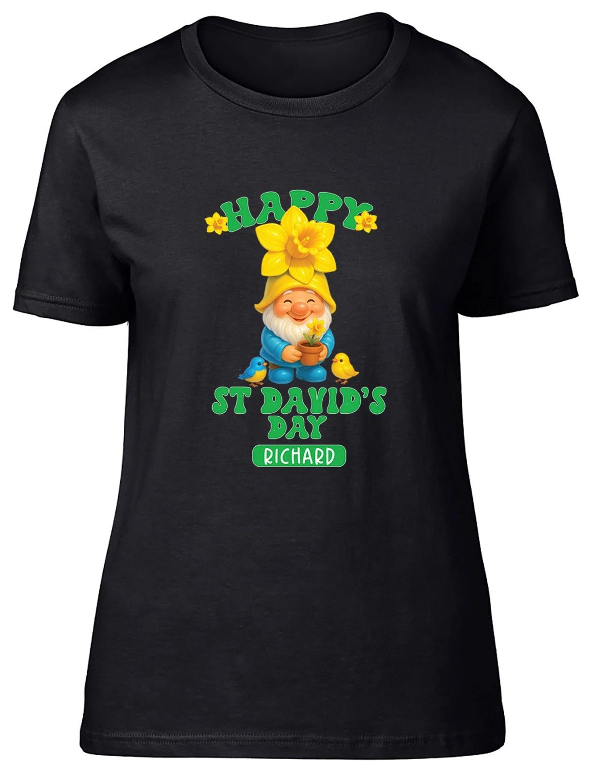 Personalised Happy St David s Day Gnome Daffodil Womens T-Shirt Ladies Gift Tee S