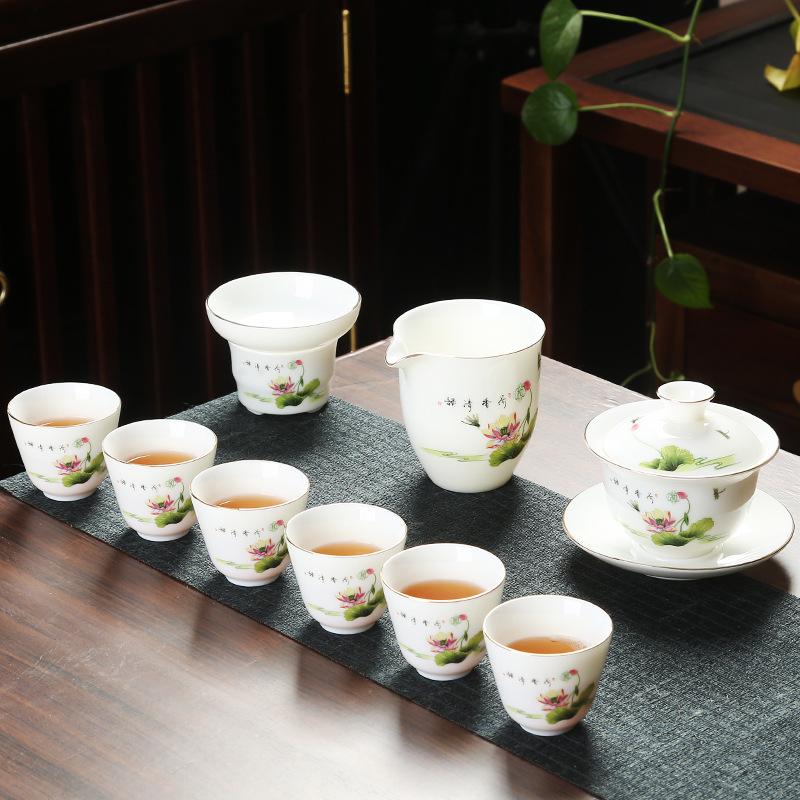 Good value goods suet jade porcelain kung fu tea set business merchandise gifts can be done
