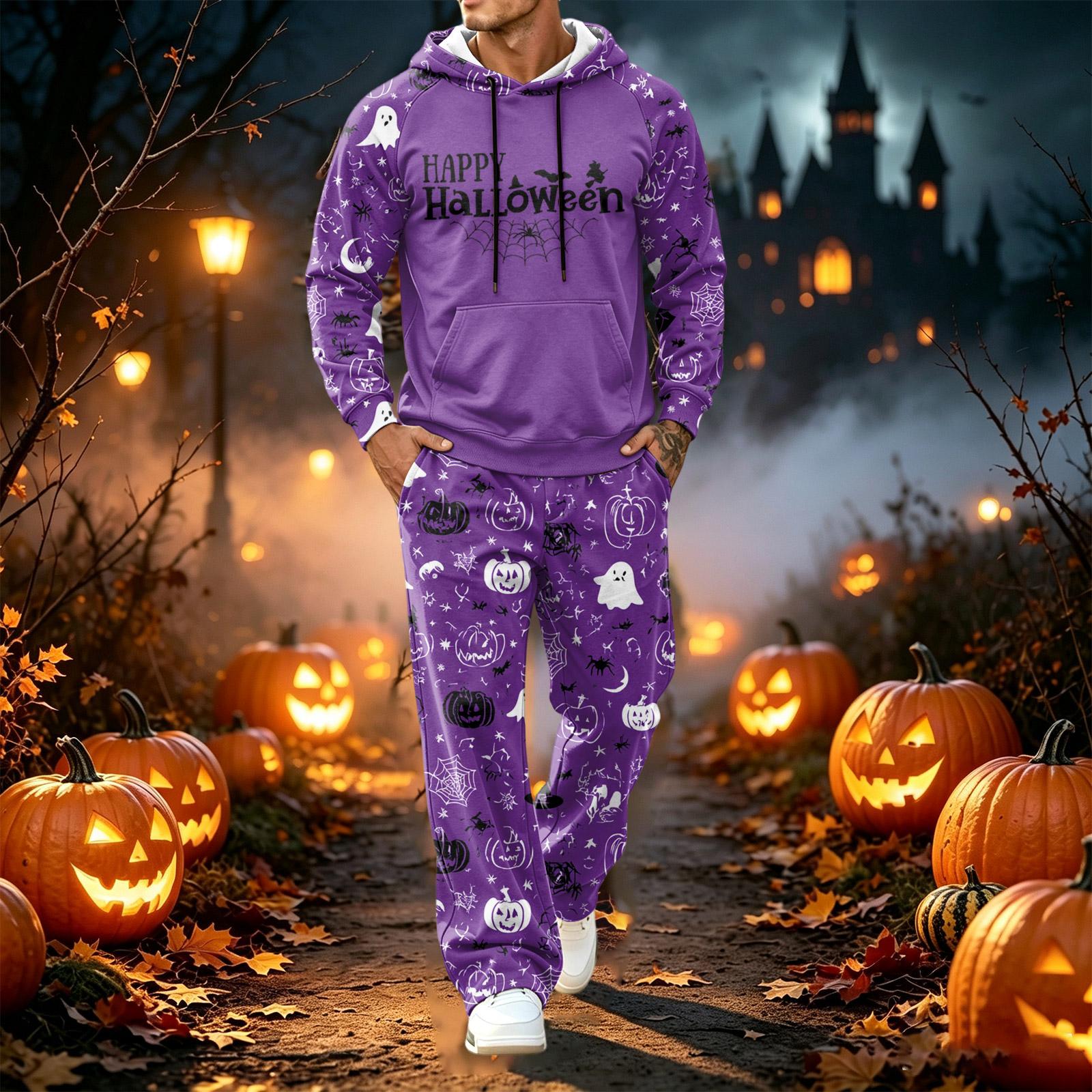 Men s Halloween Print Long Sleeve Hoodie and Jogger Pants 2-Piece Set S оранжевый