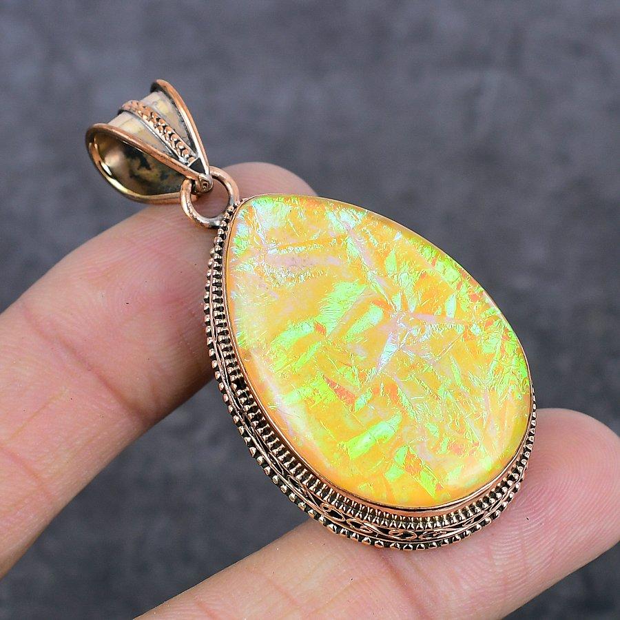 Natural Orange Triplet Opal Gemstone Handmade Copper Jewelry Pendant 2.25" K7b33