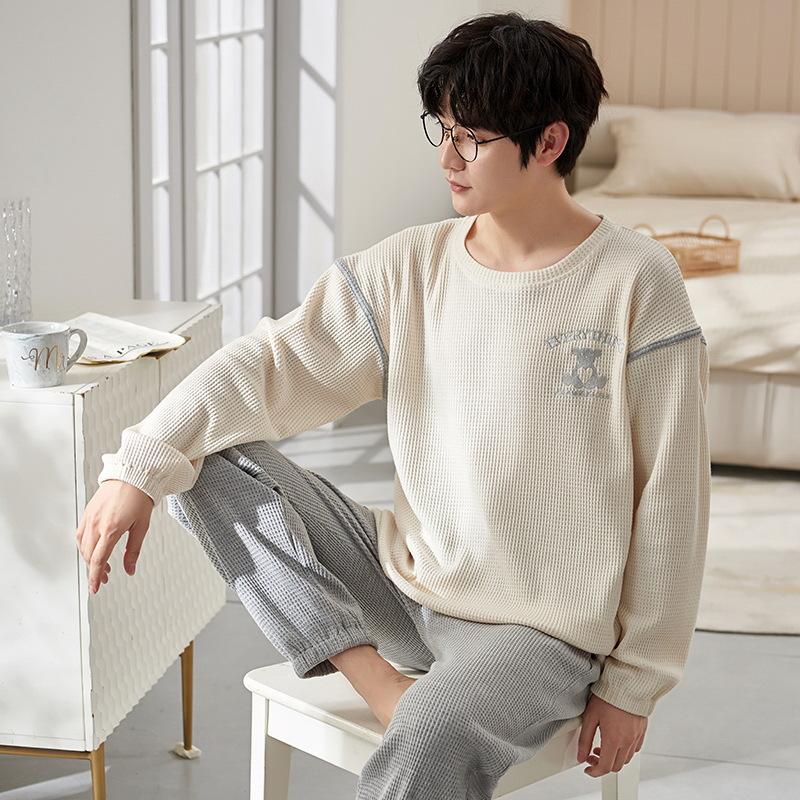 Cotton Nightwear for Men 2 Pieces Set Pajamas Spring Long Sleeves Sleeping Tops Trousers Sleepwear