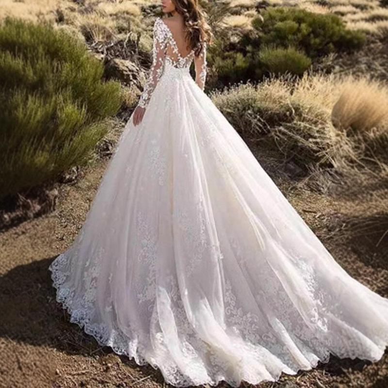 European and American New Women's Clothing Ebay Sexy Heavy Industry Lace Wedding Dress Flower Trailing Big Swing Evening Dress