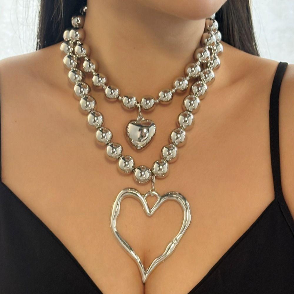 Adjustable Big Heart Pendant Necklace Exaggerated Double-layer Choker Chain Jewelry  Party Wear
