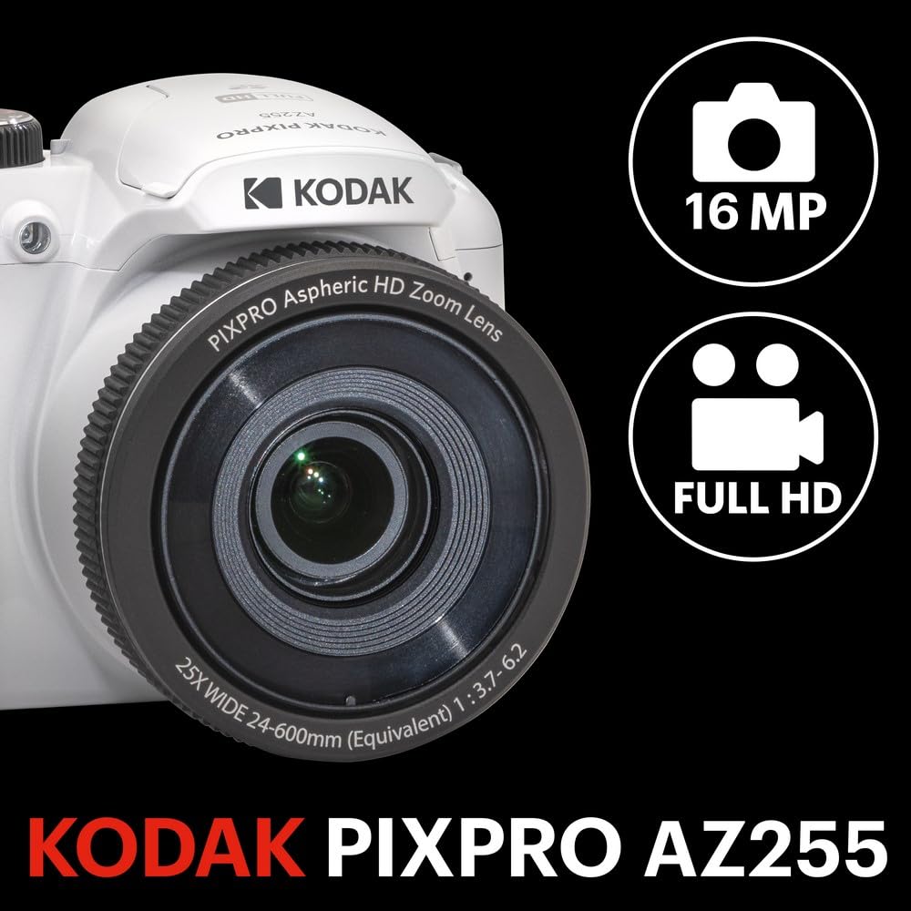 KODAK PIXPRO Astro Zoom 16MP Digitalkamera, 25-fach optischer Zoom, 24 mm Weitwinkel, 1080P Full HD-Video, LCD AZ255-WH 3 Zoll (Weiß)