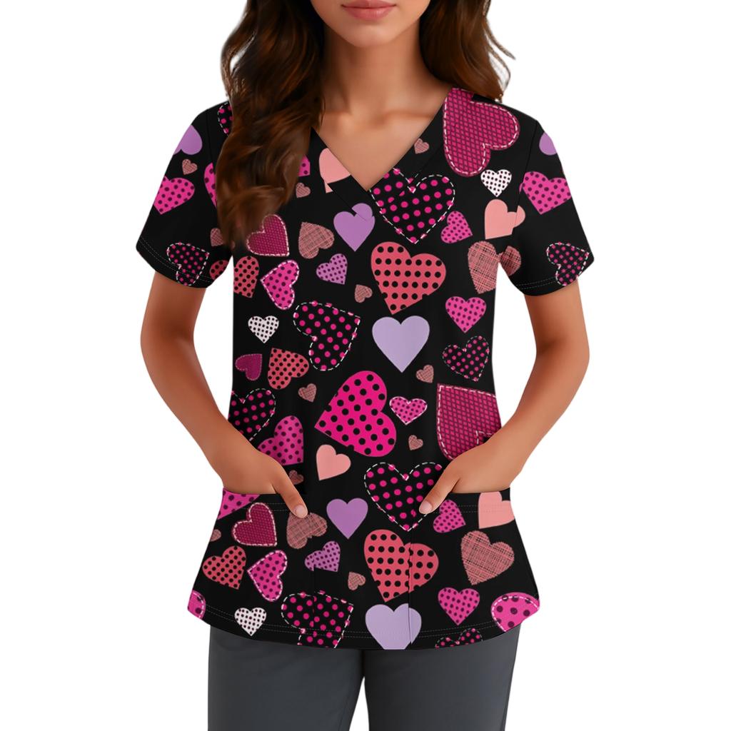 Women's Cute Bow Printed Work Clothes V-neck Double Layer Pockets Basic Short Sleeve Top Pullover