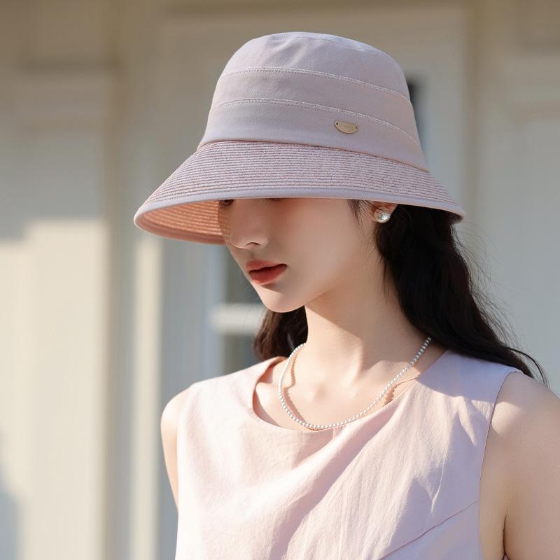 Sun Protection Hat Women'S High-End Sense Elegant Splicing Straw Bucket Hat Outdoor Sun Protection Cover Hat Lafite Straw Hat