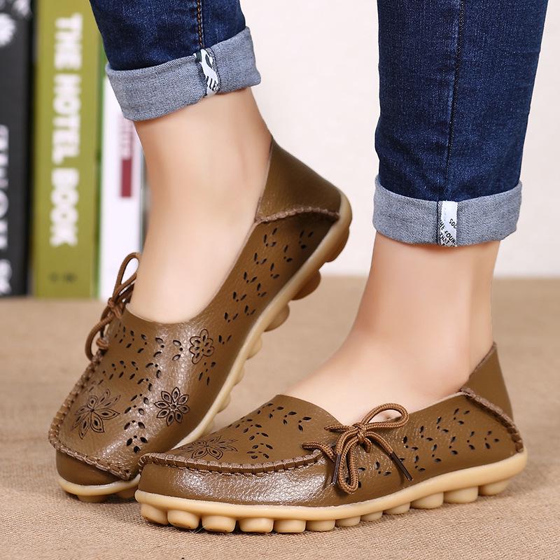 

Женские летние дышащие кожаные лоферы на плоской подошве со шнуровкой и бантом, Нескользящая повседневная обувь, мокасины, женские удобные сандалии на плоской подошве 44