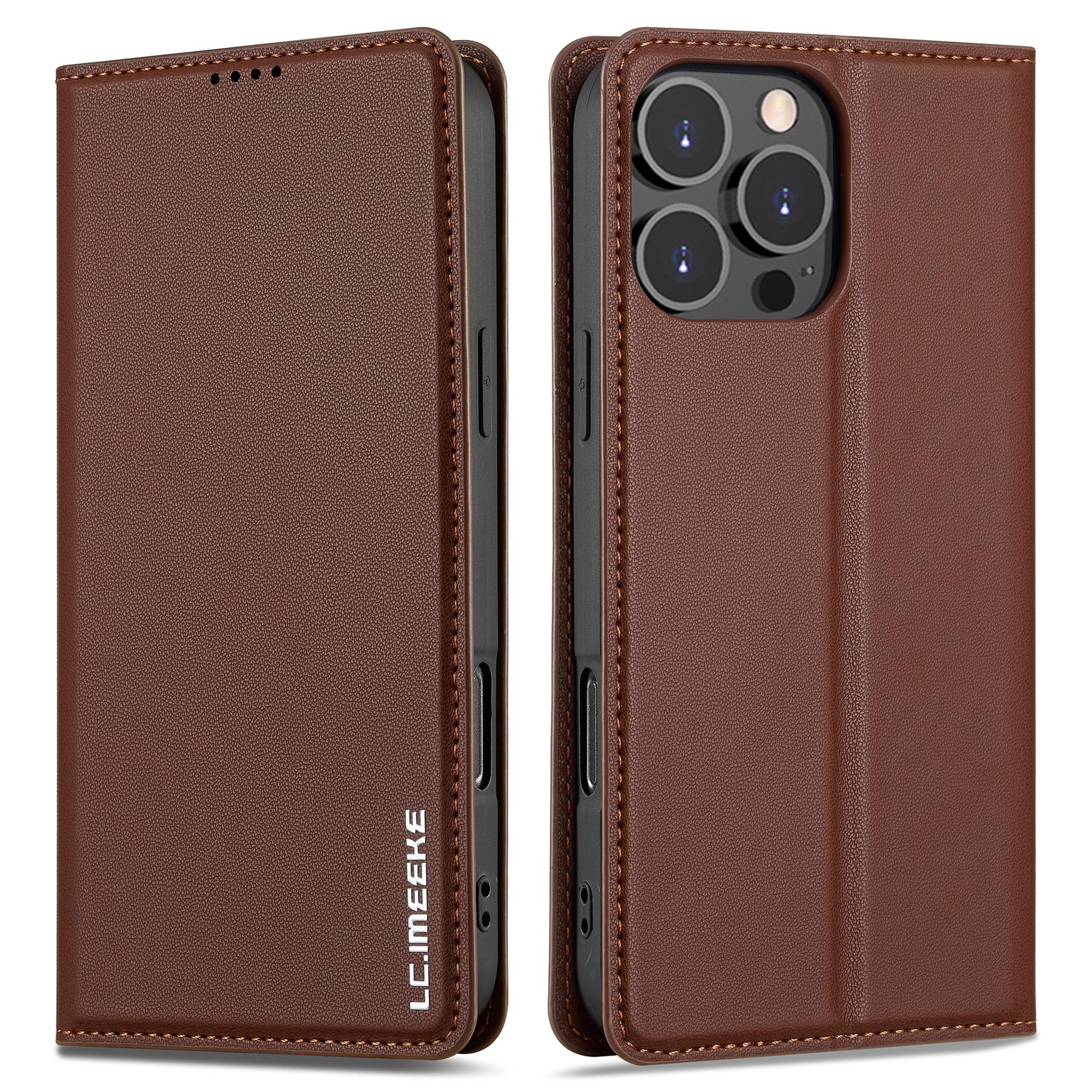 

LC.IMEEKE L1 Series for iPhone 16 Pro Max Case PU Leather Wallet Stand Protective Phone Cover Brown