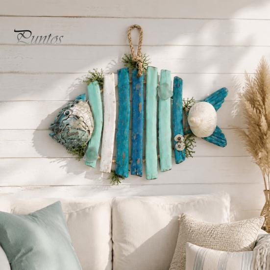 Seaside Style Wall Decorations Lighted Wooden Fish Hanging Decor, Rustic Nautical Fishing Wood Sculpture with LED Lights, Coastal Home Beach