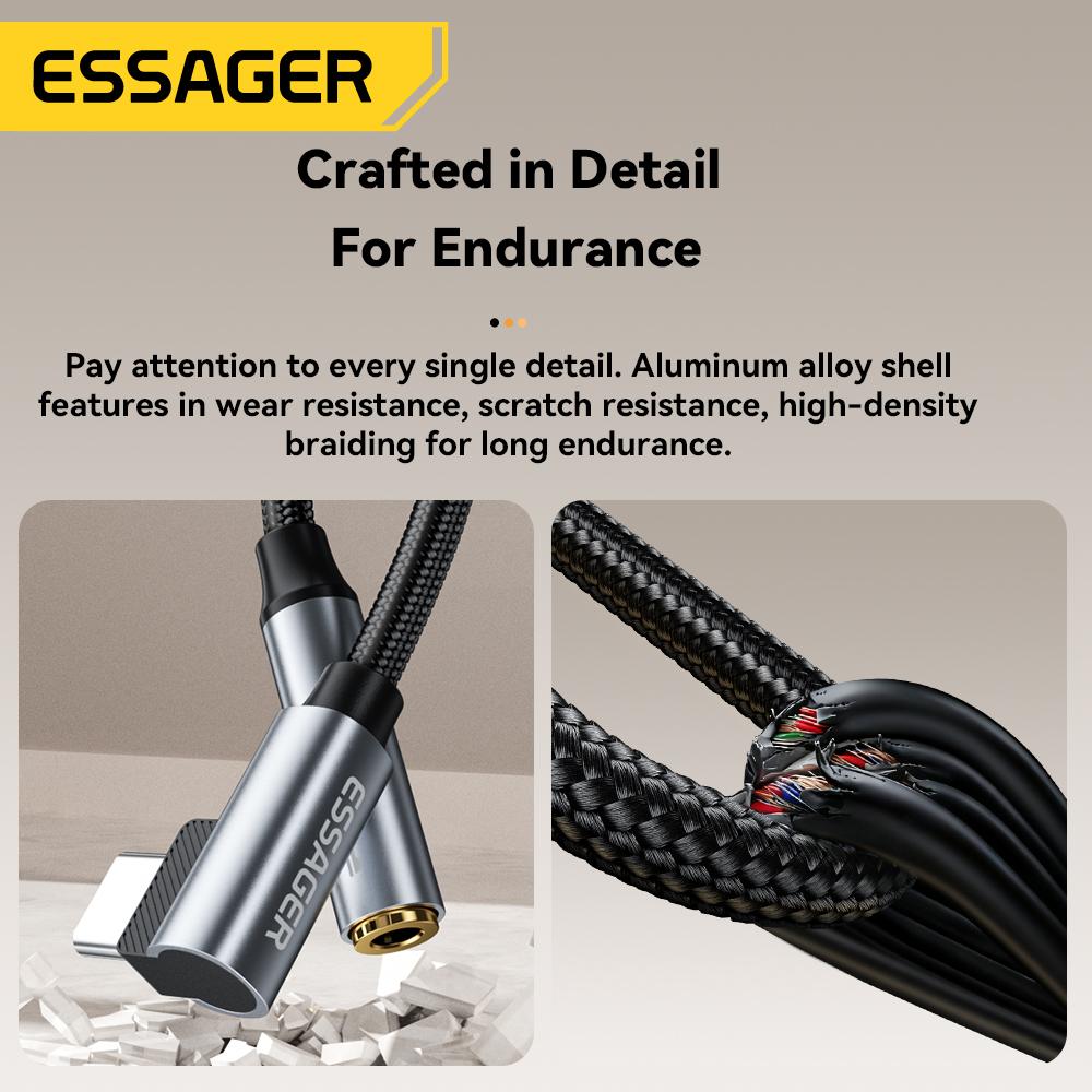 Essager L-shape 3.5mm Headphone Adapter - 90 Degree Audio Cable, Type C / Lightning To Jack Earphone Converter for iPhone 17 16 15 14, Samsung & iPad