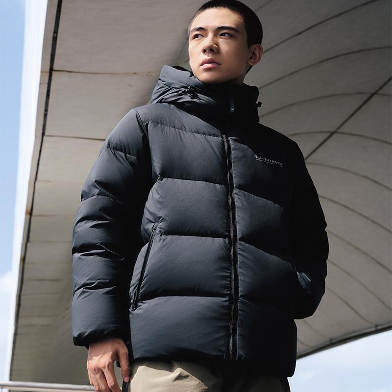 Li Ning Hot Pot Down Jacket Solid Color Zip Hooded Long Sleeve Men outerwear Black AYMT315-5