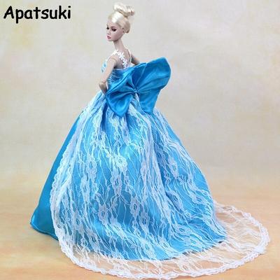 Blue Bowknot Lace Wedding Dress for Barbie Doll Clothes 1:6 Evening Party Wear Long Dresses Doll Clothes for Barbie Dollhouse