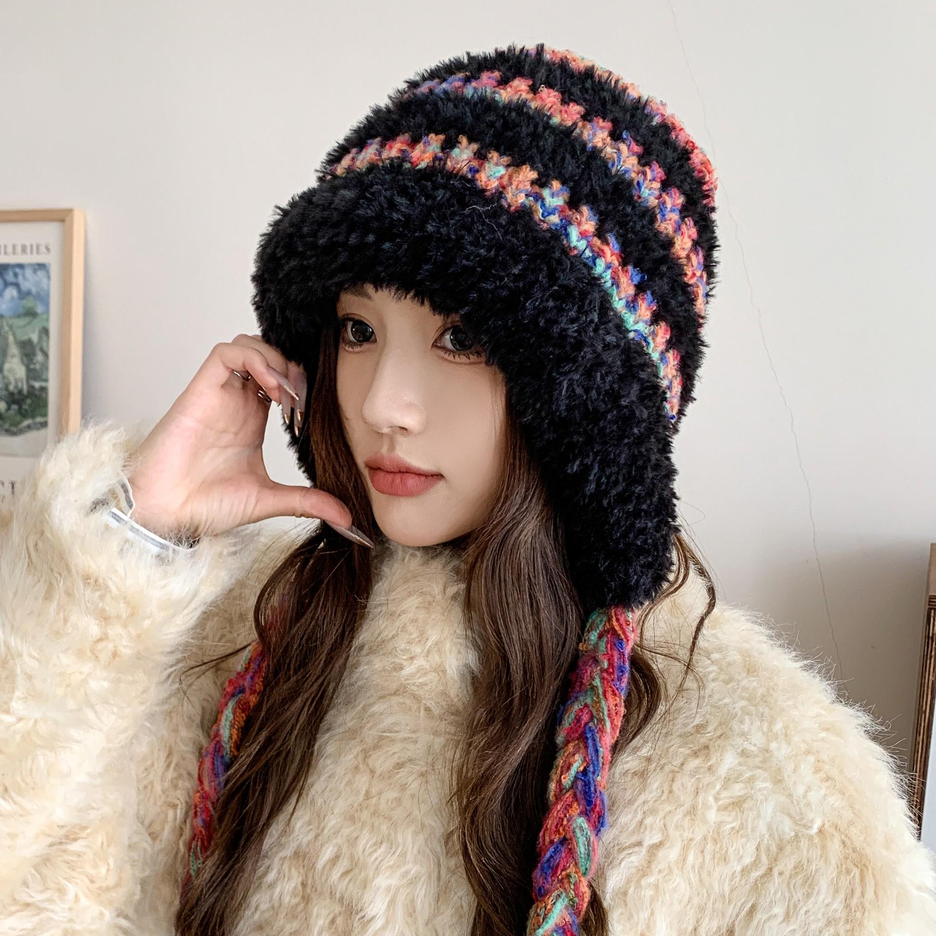 Женская плюшевая шапка бини в стиле Fair Isle: Теплая, Универсальная Шапка-Ушанка в Стиле Лэй Фэн Осень/Зима чёрный
