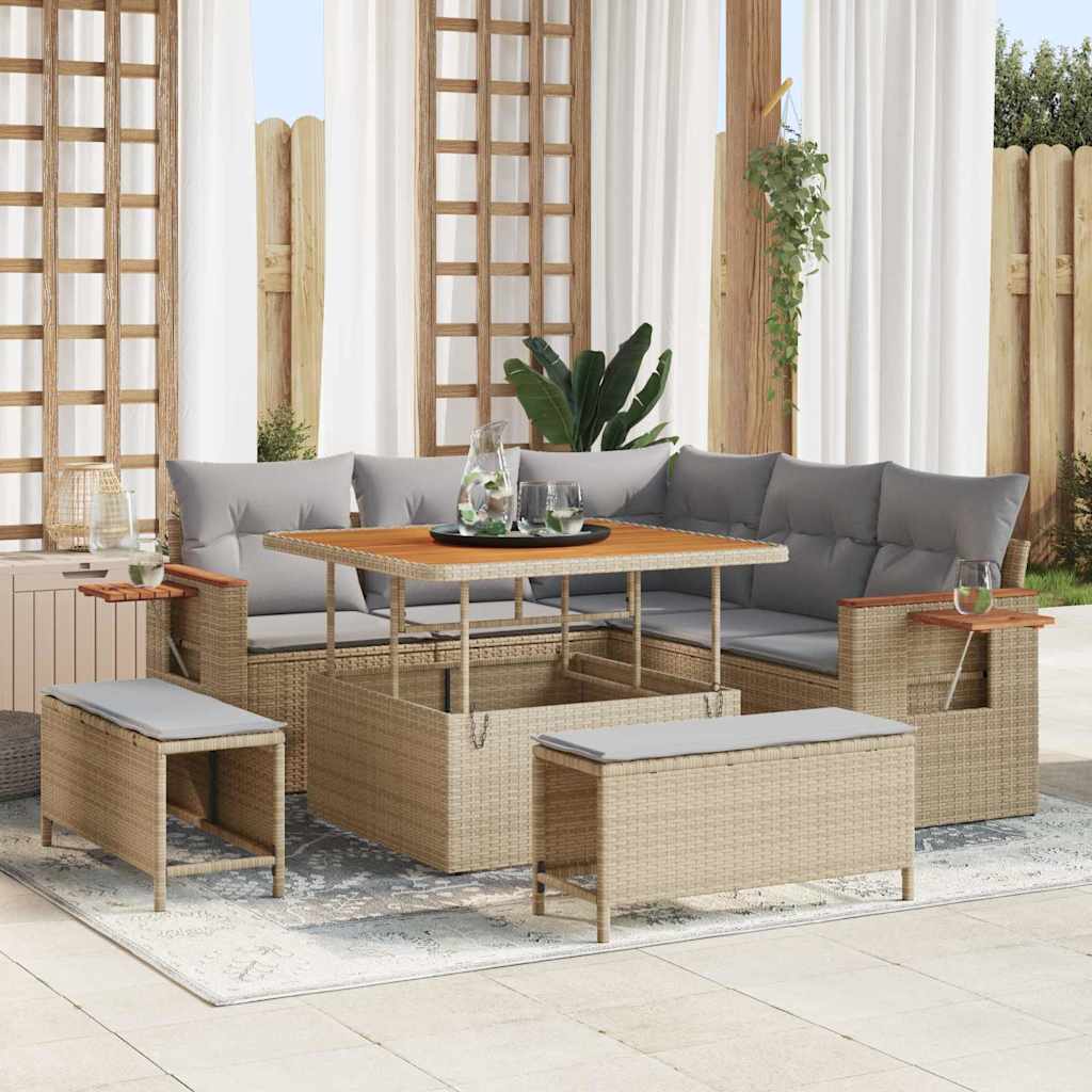 9 Piece Beige and Light Grey Garden Sofa Set with Cushions